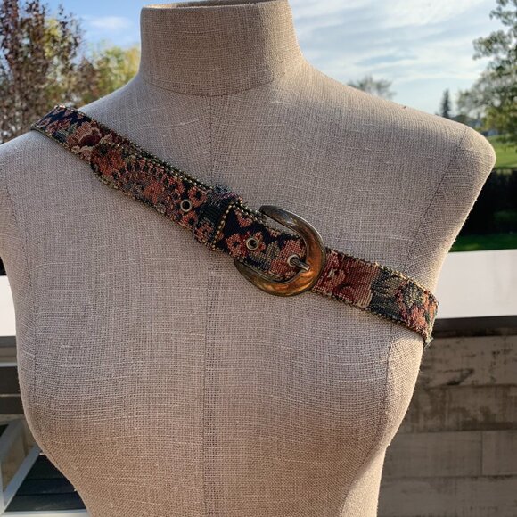 Vintage 80s Tapestry Statement Retro Boho Waist Belt - Picture 2 of 15